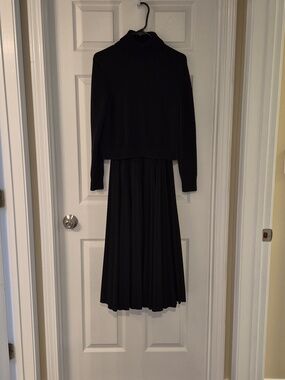 Theory Black Ribbed Turtleneck Sweater and Pleated Midi Dress